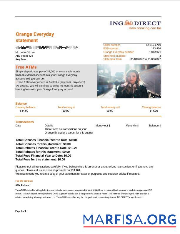 Downloadable Australia ING Direct bank statement version 2 download for verification